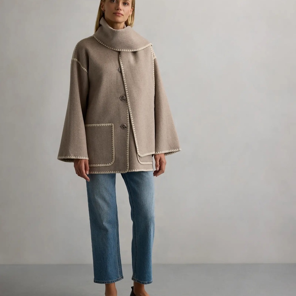 NWT Quince Double-Faced Merino Wool Scarf Coat in Oat color size Large - Picture 6 of 14
